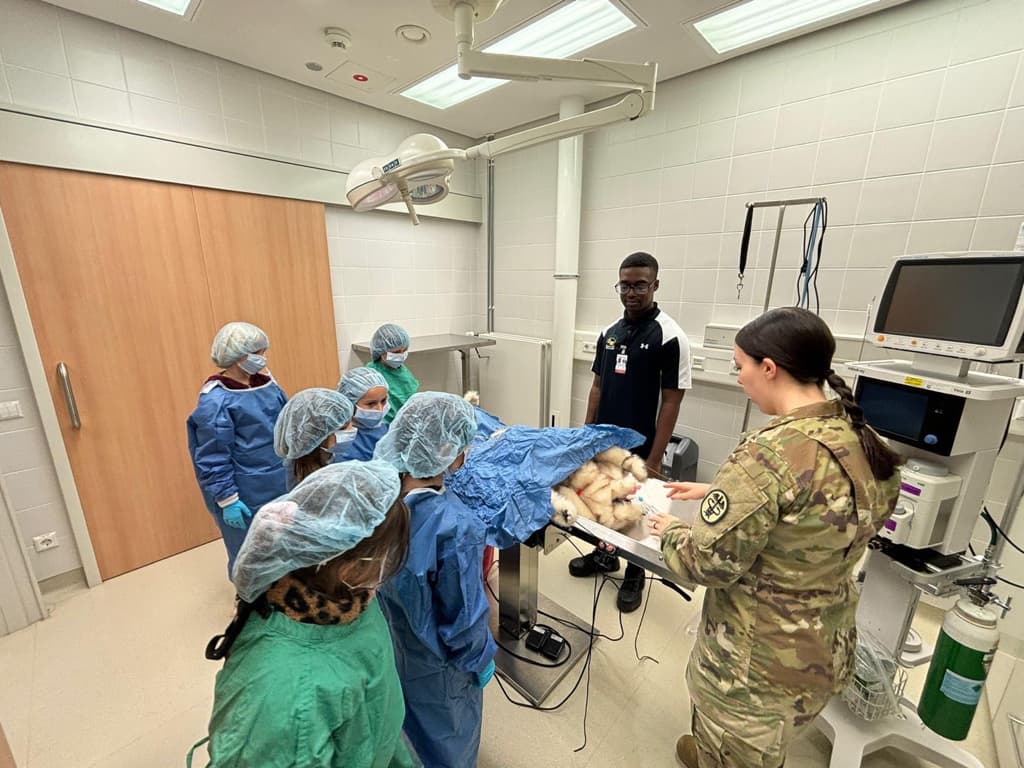 Girl Scouts in surgical caps and gowns watching an Army veterinarian demonstrate an exam